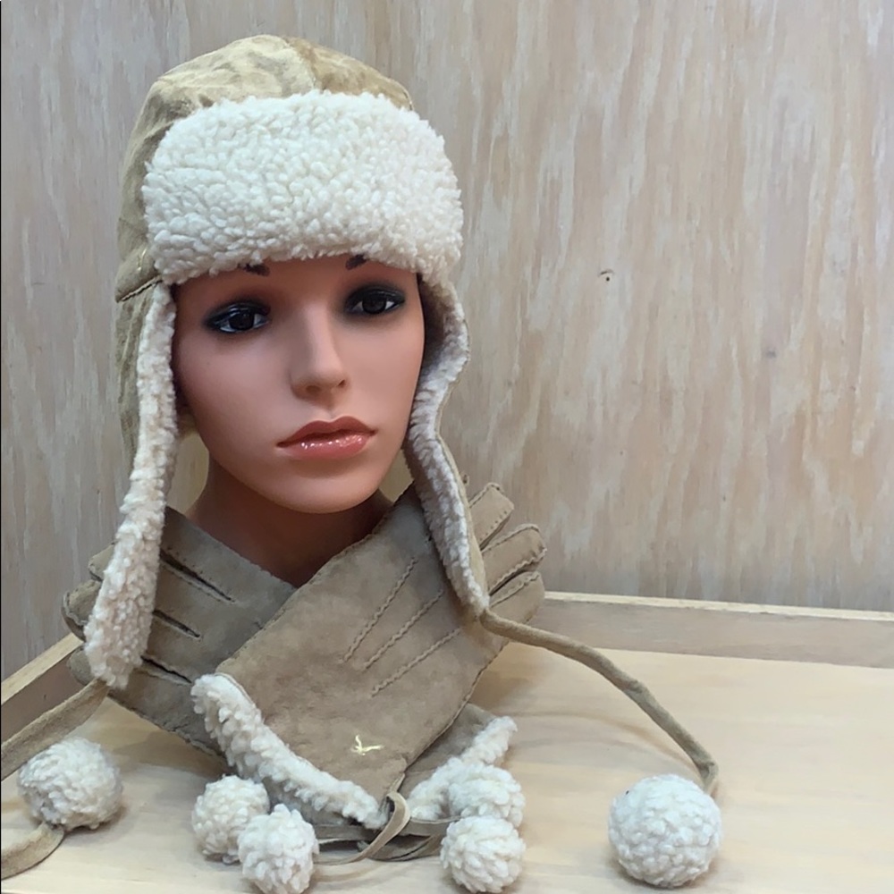 EUC real suede trapper hat and matching gloves.